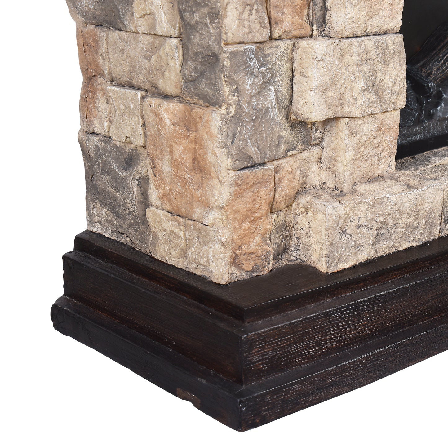 Electric Fireplace with stone/brick appearance with authentic looking wood Mantel