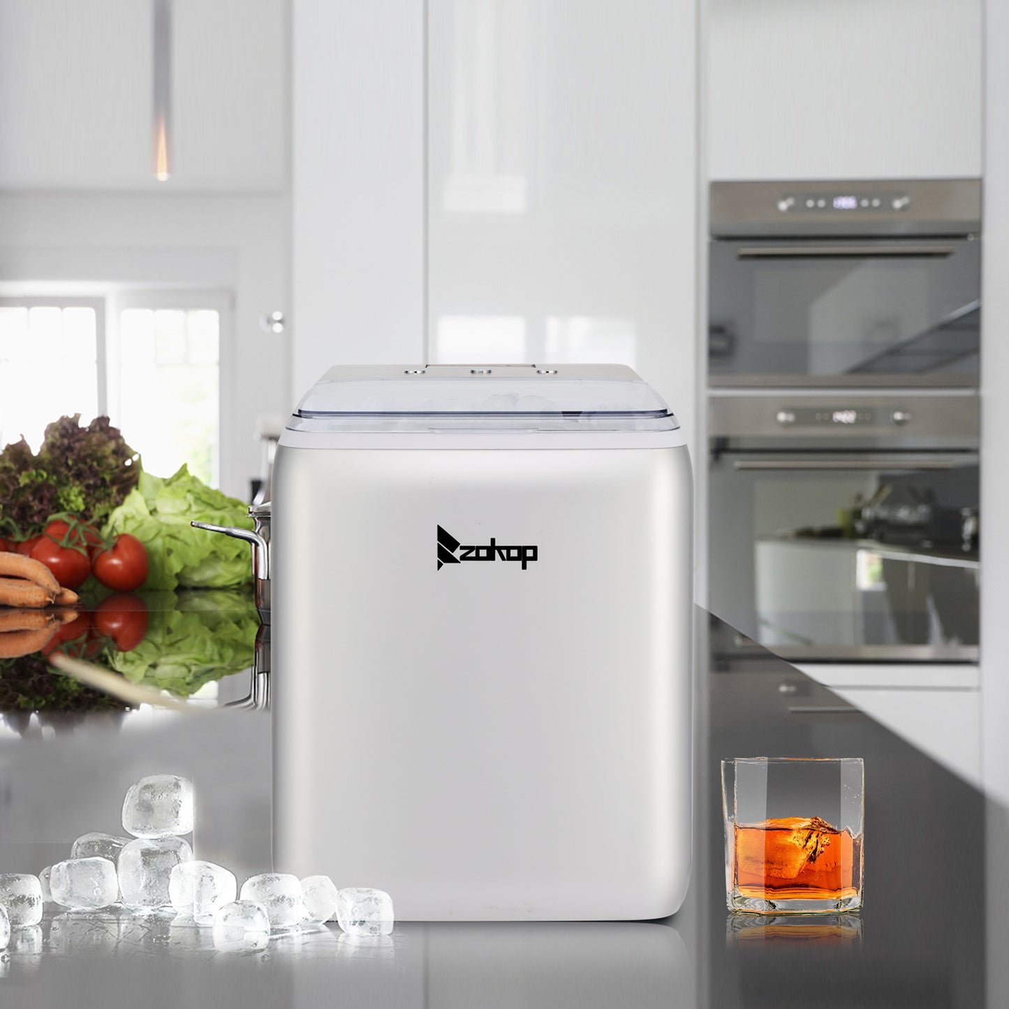 Serve the perfect drinks with this portable ice maker that makes 2 sizes of ice. It produces 12 ice cubes per cycle which is 44lbs. in 24hrs.