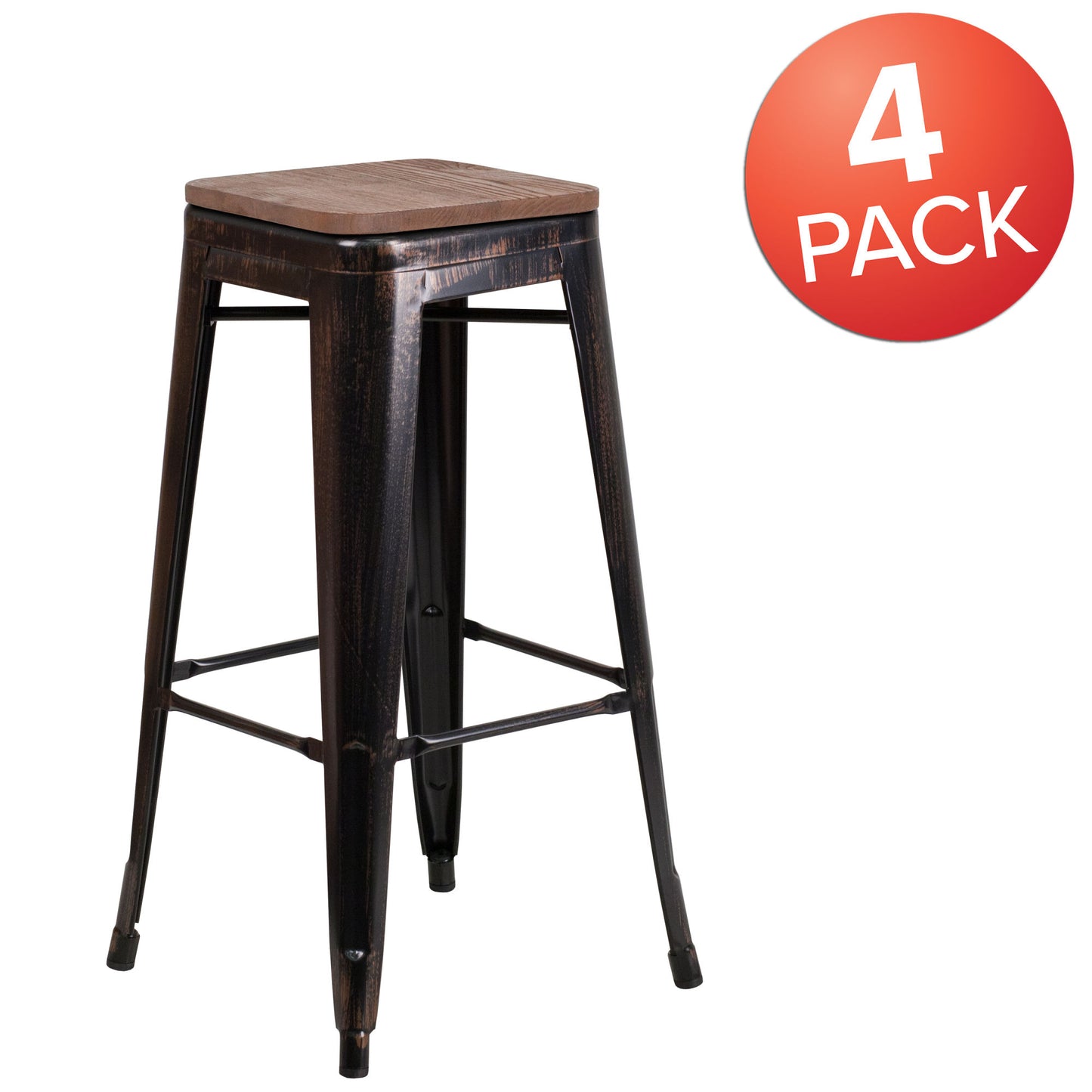 4 Pack 30" High Backless Metal Barstool with Square Wood Seat