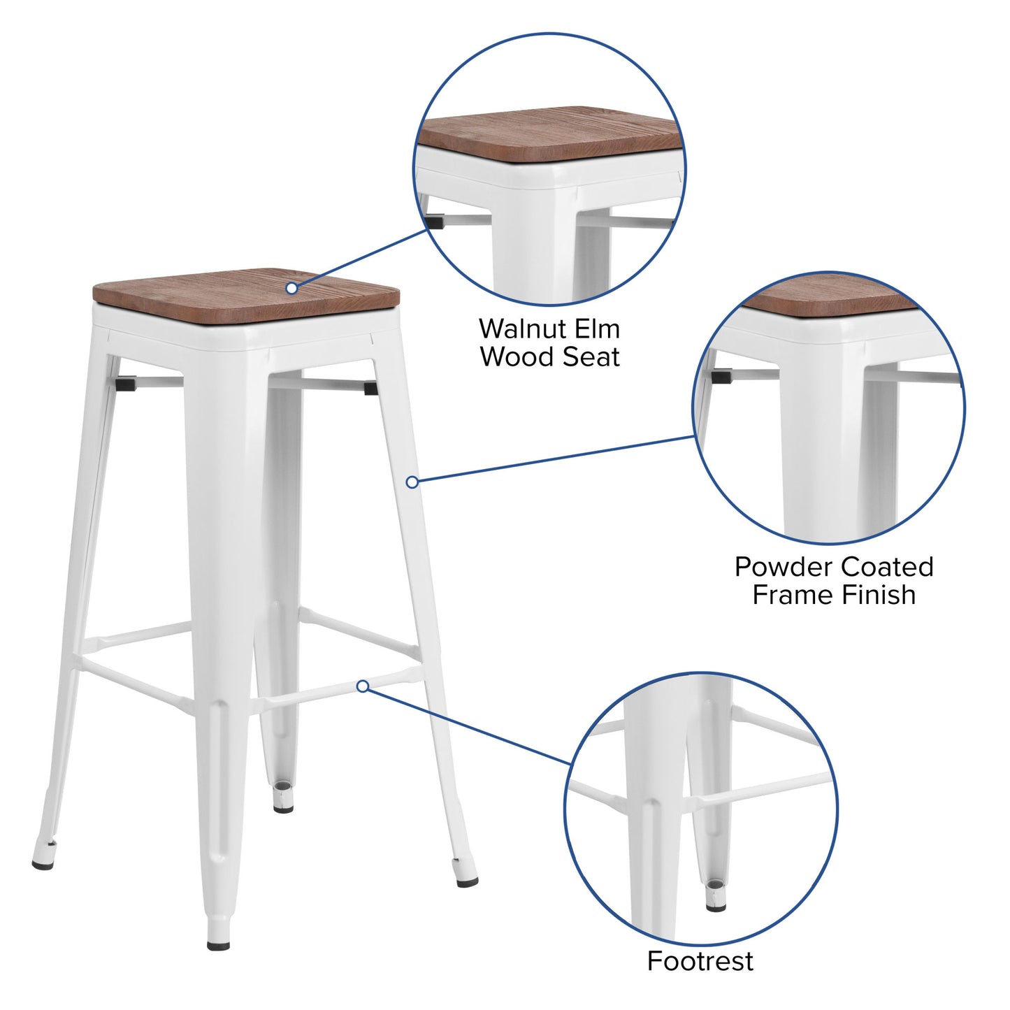 4 Pack 30" High Backless Metal Barstool with Square Wood Seat