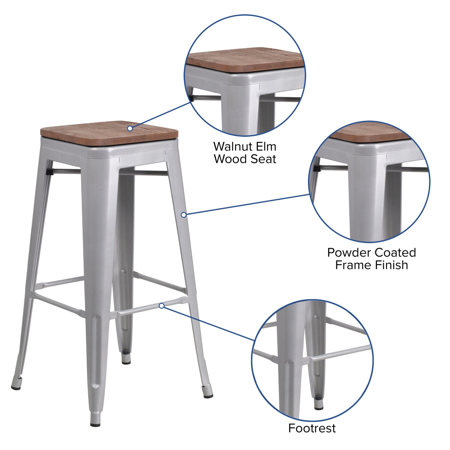 4 Pack 30" High Backless Metal Barstool with Square Wood Seat