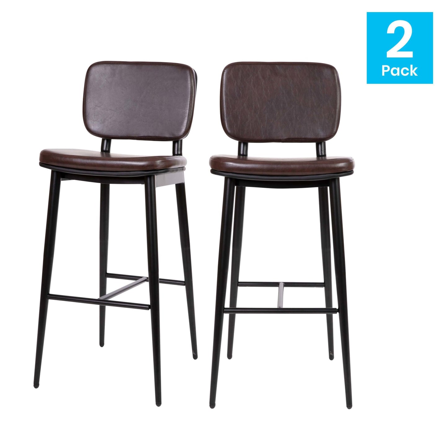 Mid-Back Barstools - LeatherSoft Upholstery - Iron Frame with Integrated Footrest - Set of 2