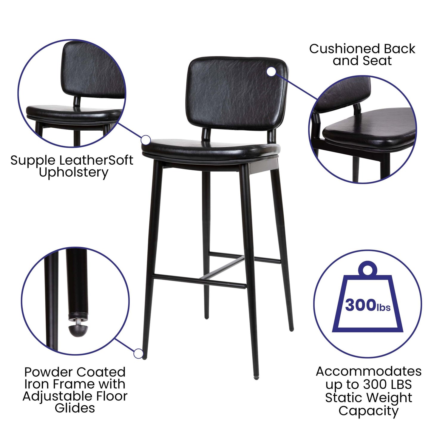 Mid-Back Barstools - LeatherSoft Upholstery - Iron Frame with Integrated Footrest - Set of 2