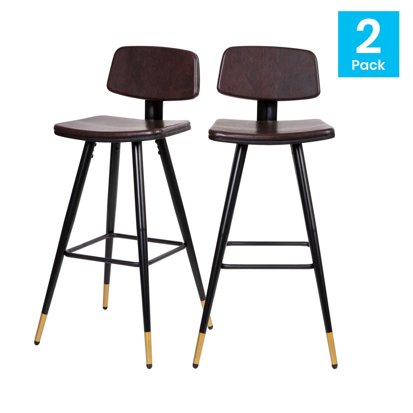 Low Back Barstools-LeatherSoft Upholstery-Iron Frame-Integrated Footrest-Gold Tipped Legs-Set of 2