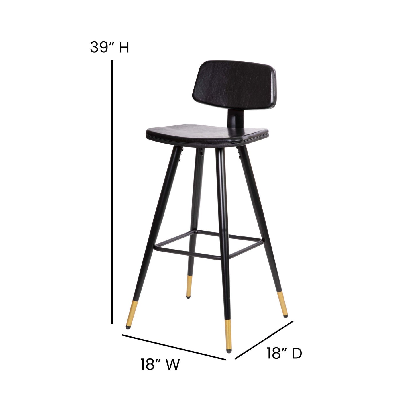 Low Back Barstools-LeatherSoft Upholstery-Iron Frame-Integrated Footrest-Gold Tipped Legs-Set of 2