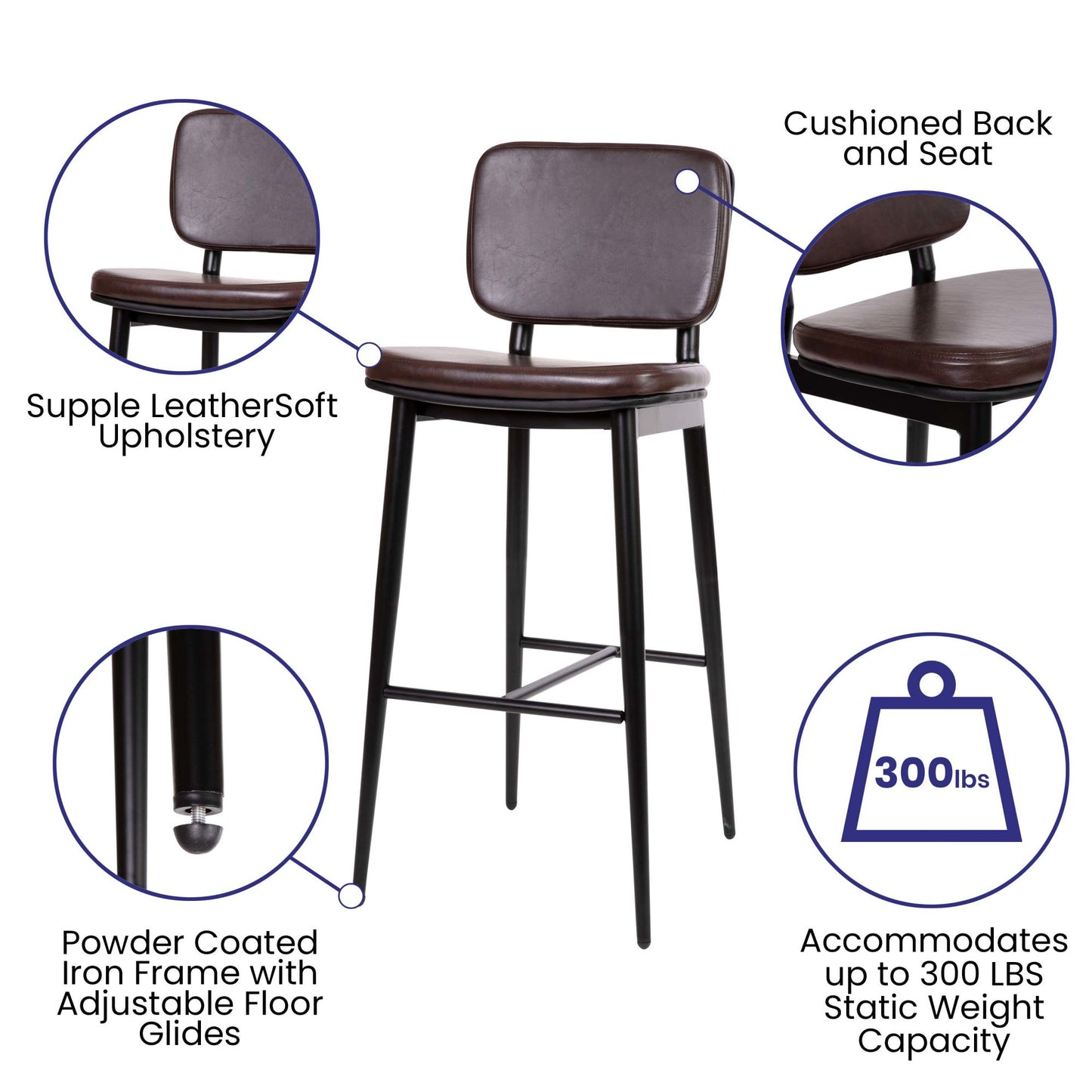 Mid-Back Barstools - LeatherSoft Upholstery - Iron Frame with Integrated Footrest - Set of 2