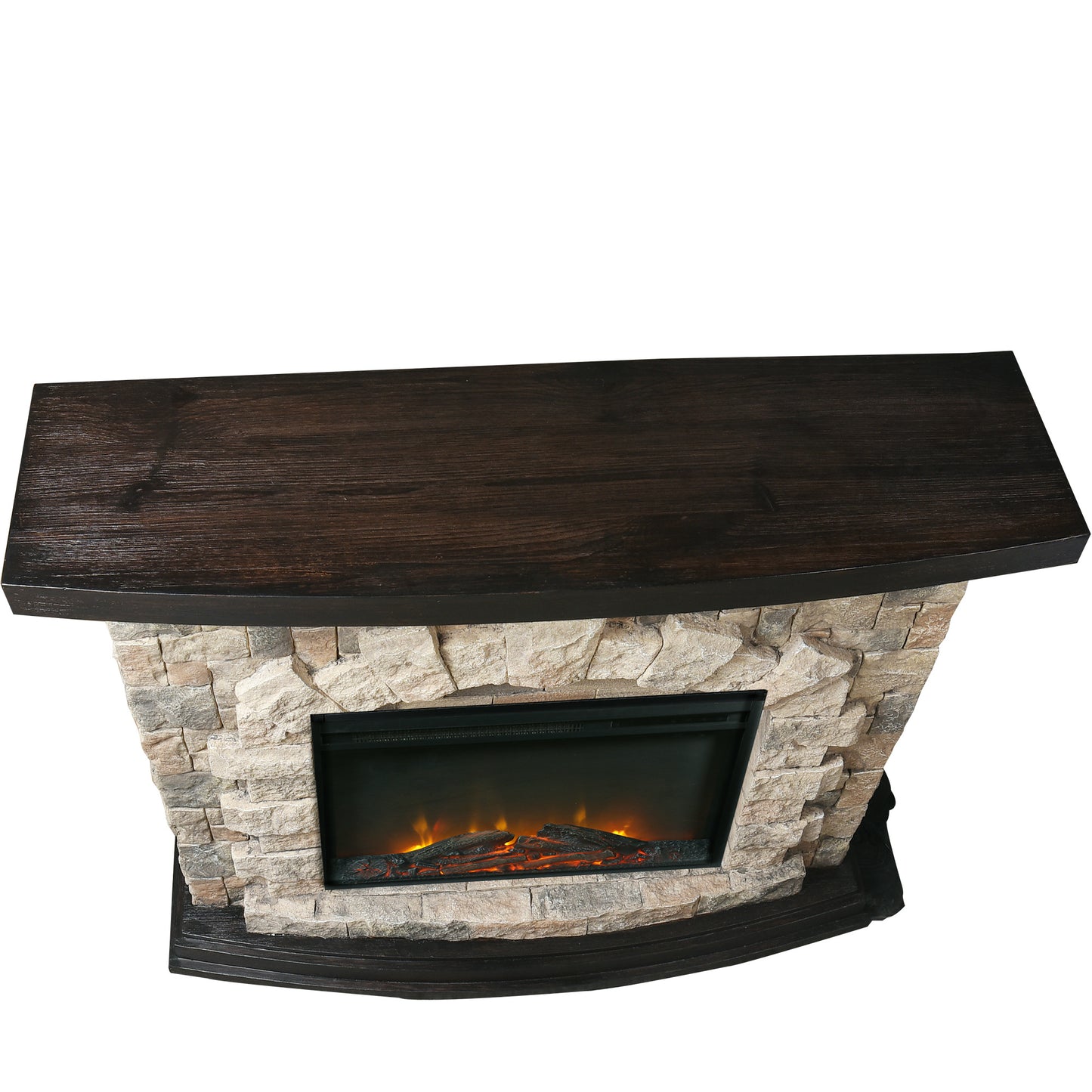 Electric Fireplace with stone/brick appearance with authentic looking wood Mantel