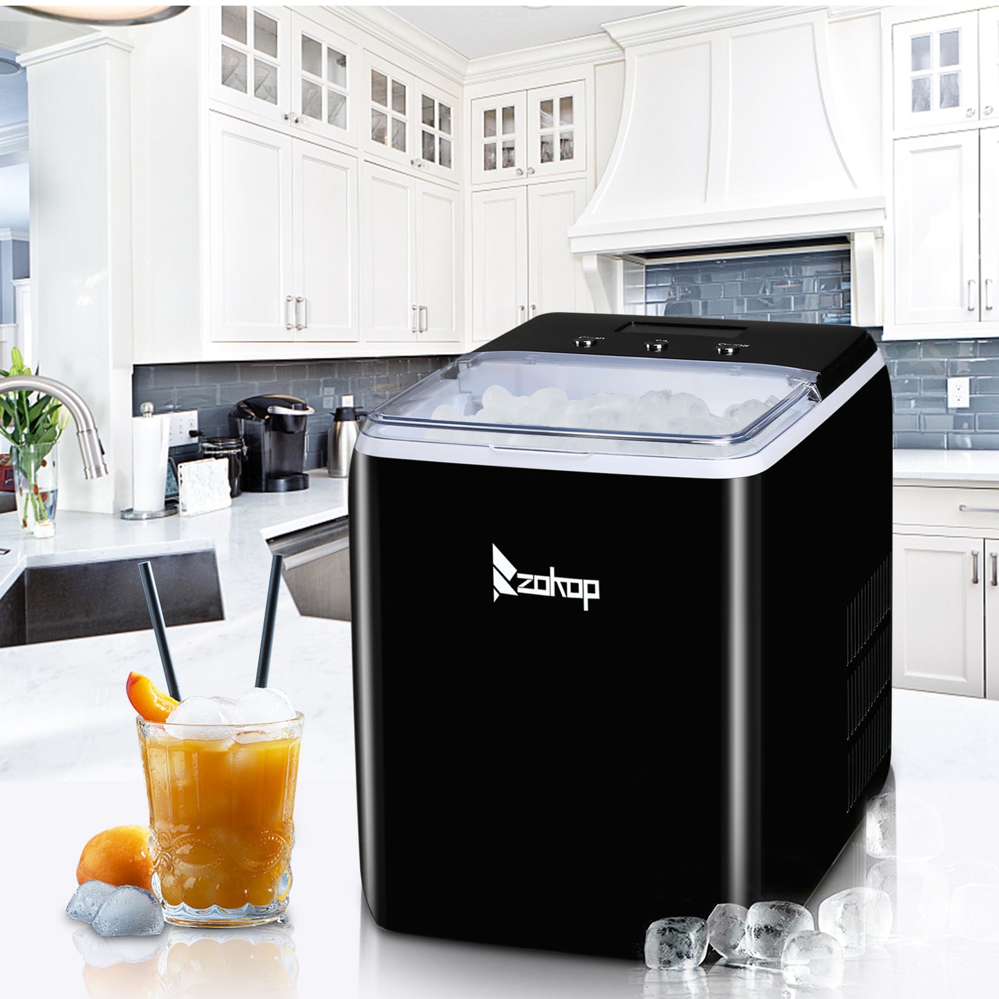 Perfect countertop ice maker in black. This makes 12 cubes every 9-12 mins. which is 44lbs. in 24 hrs. Great for home bar, kitchen island for making drinks for your friends.