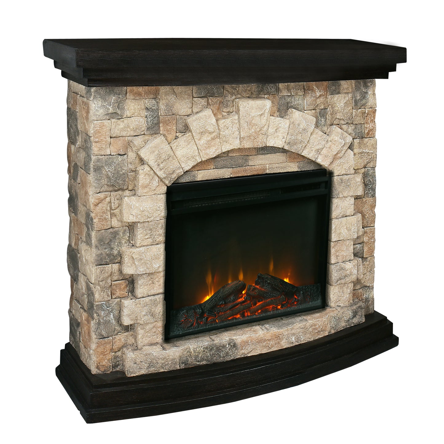 Electric Fireplace with stone/brick appearance with authentic looking wood Mantel