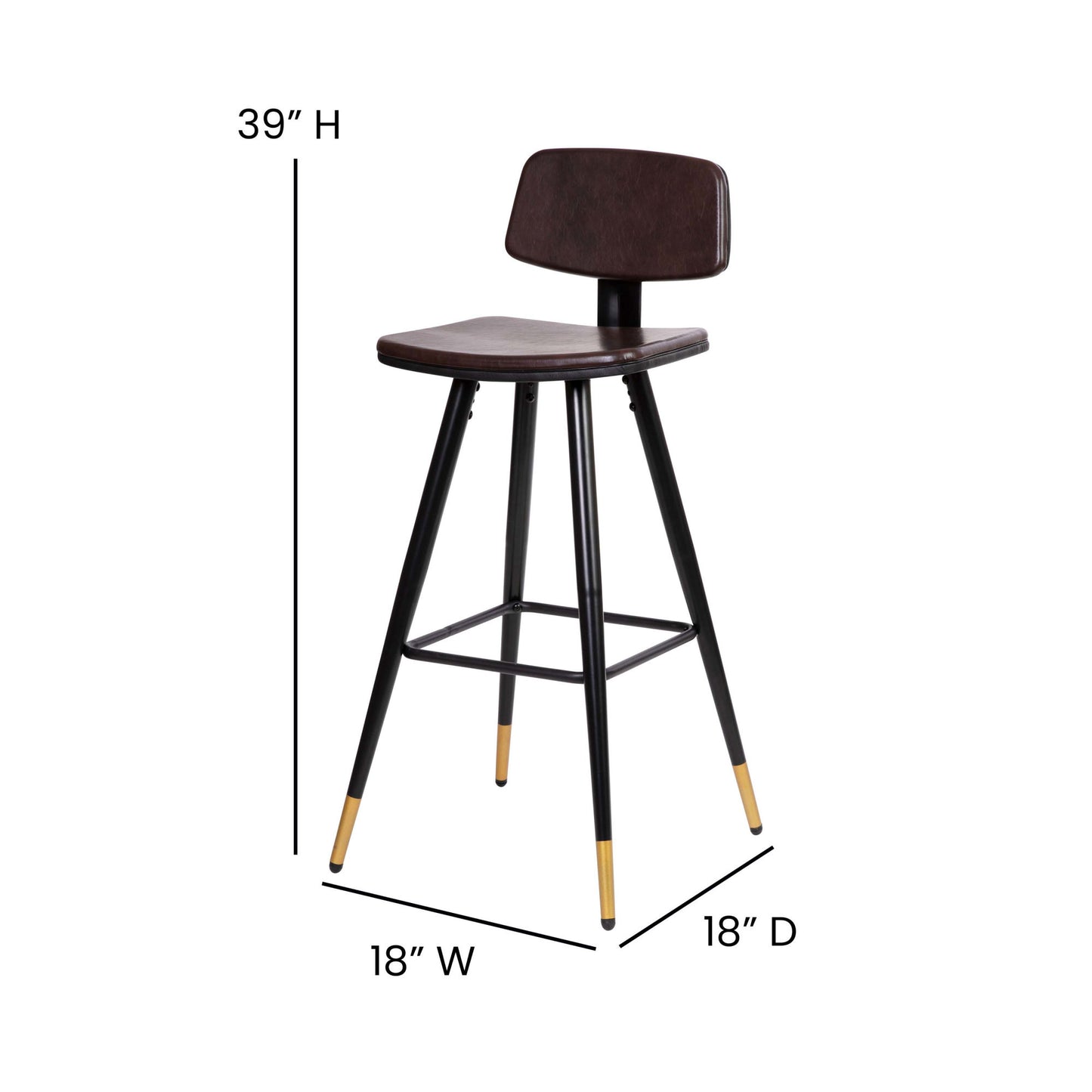 Low Back Barstools-LeatherSoft Upholstery-Iron Frame-Integrated Footrest-Gold Tipped Legs-Set of 2