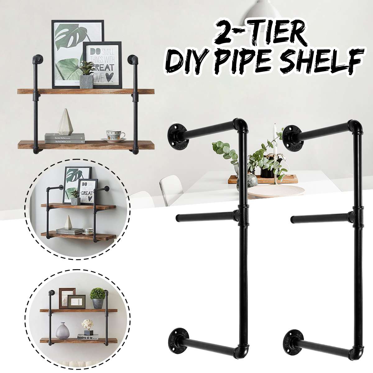 2 PCS 2 Tier Wall Shelf w/ Iron Pipe