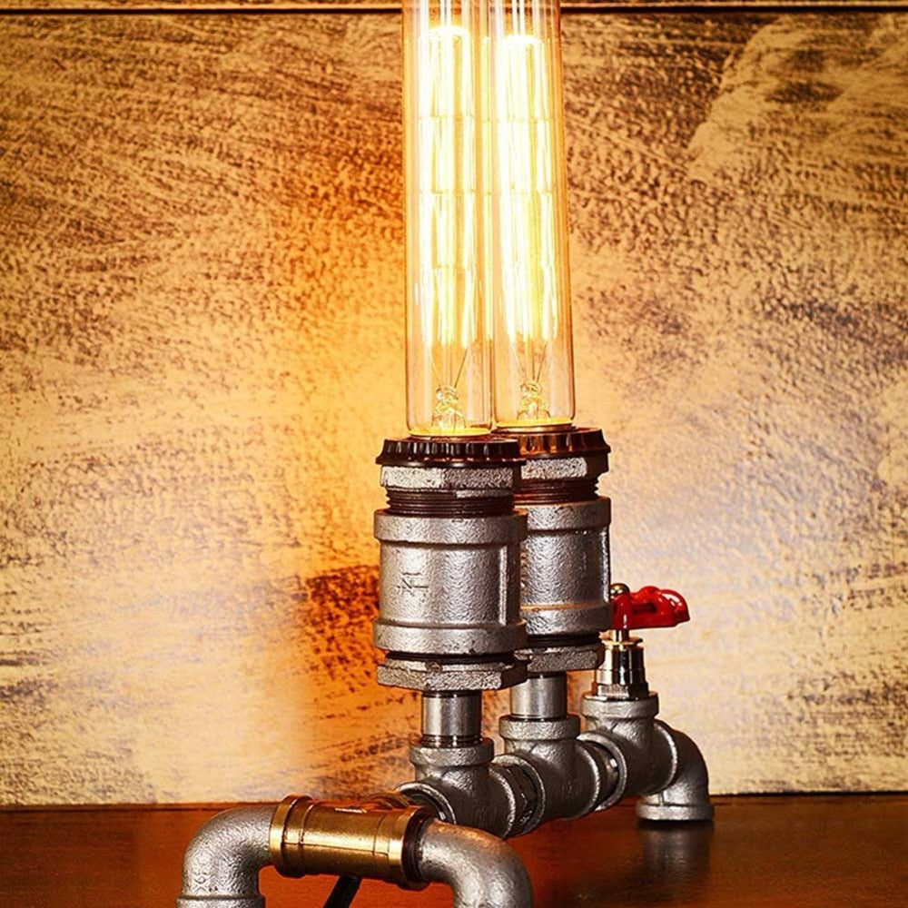 Vintage Industrial Wrought Iron Table Light, Antique Water Pipe Steampunk Metal Living Room Bar Cafe Table Lamp in Rust