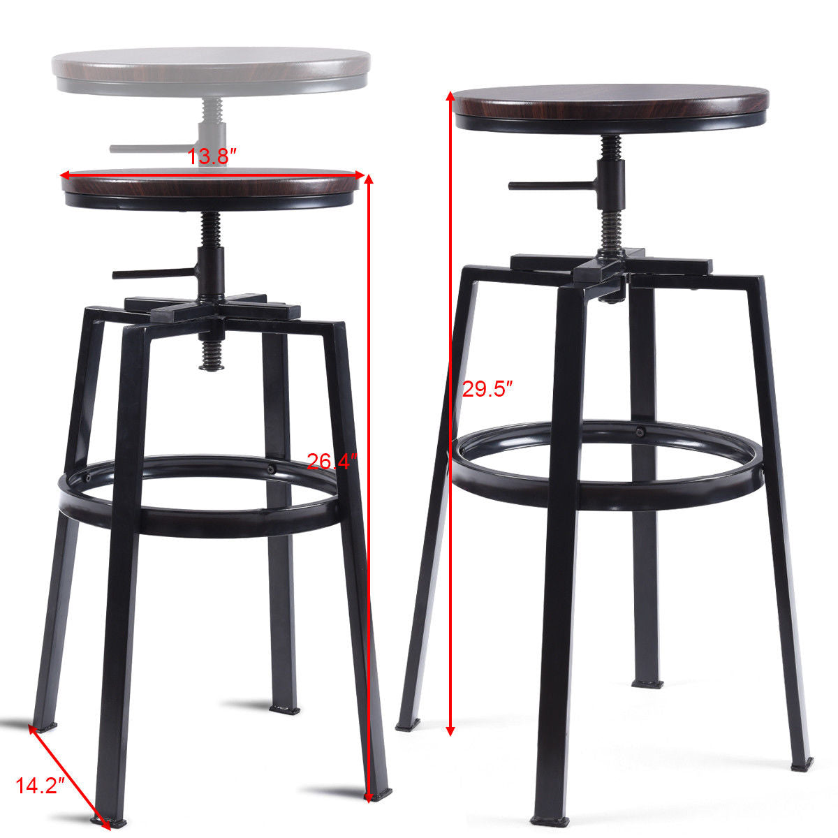 Costway Set of 2 Vintage Bar Stool Adjustable Wood Metal Design Pub Chairs Industrial