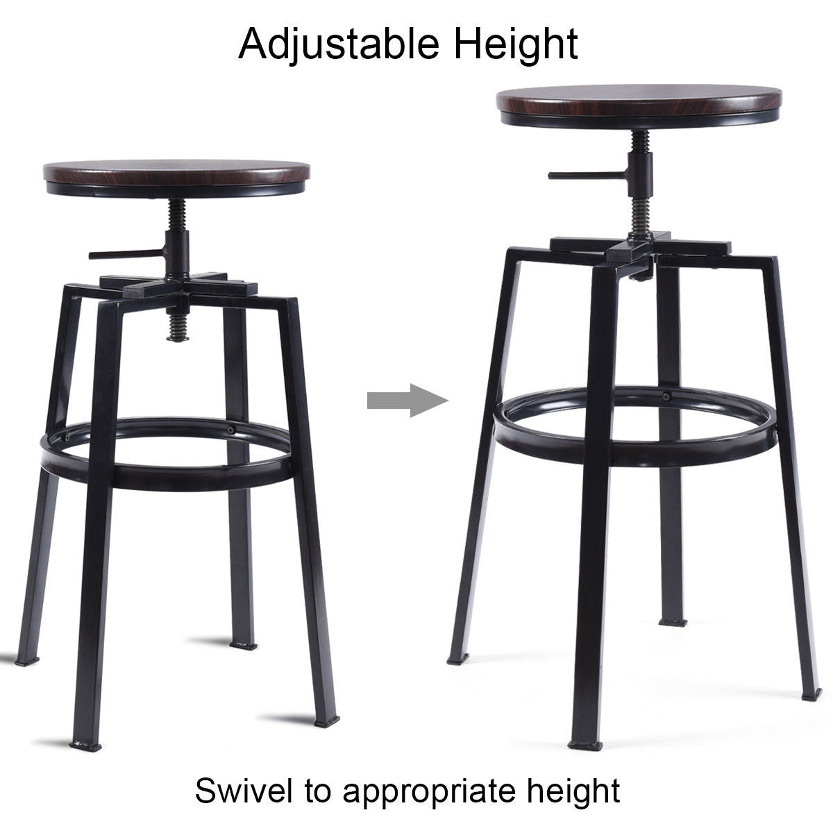 Costway Set of 2 Vintage Bar Stool Adjustable Wood Metal Design Pub Chairs Industrial