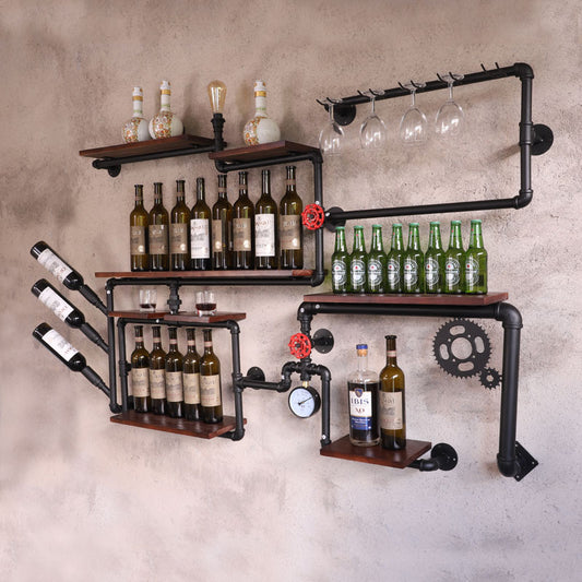 Iron Pipe and Solid Wood Wall Shelves on the wall for Home Bar