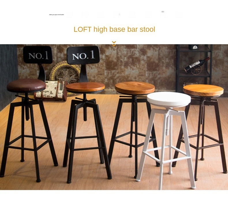 Industrial Iron and Solid Wood Bar Stool