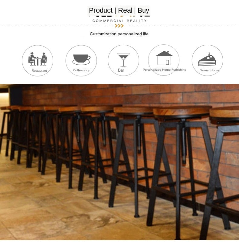 Industrial Iron and Solid Wood Bar Stool