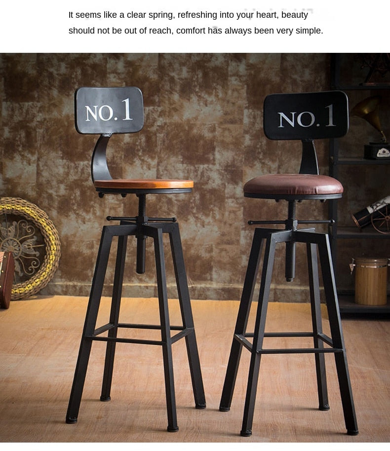 Industrial Iron and Solid Wood Bar Stool