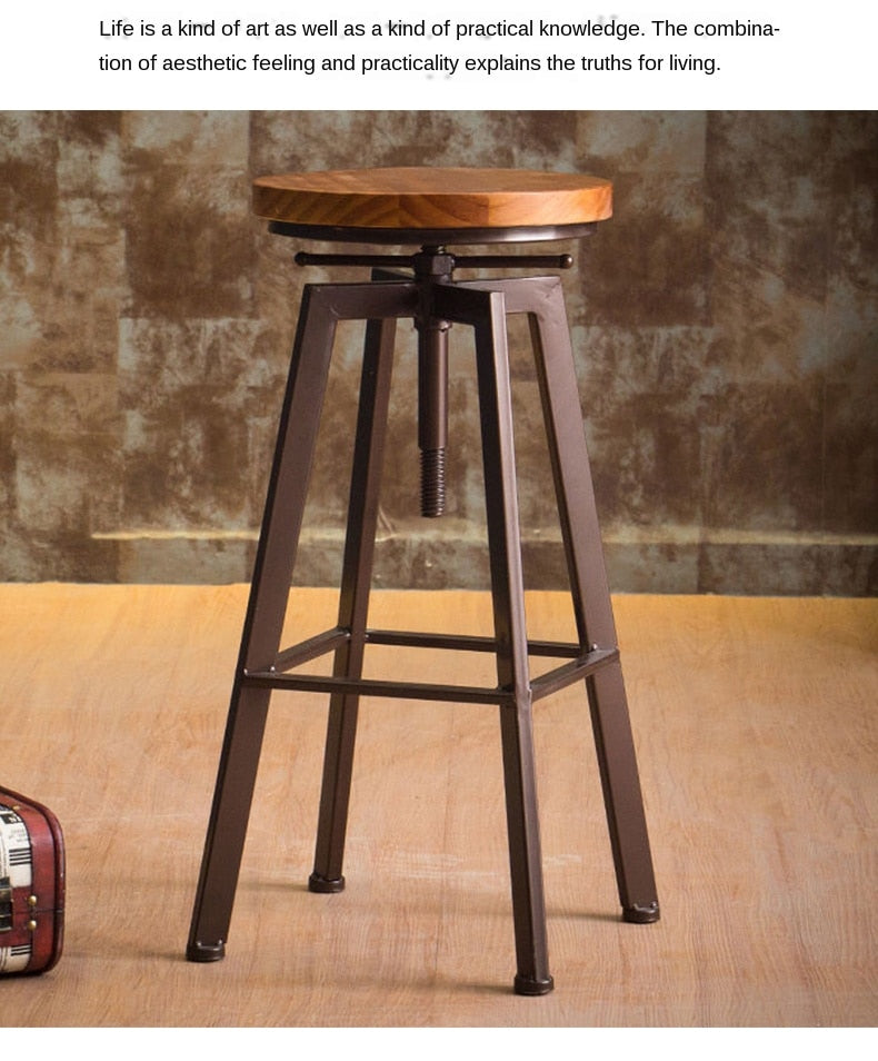 Industrial Iron and Solid Wood Bar Stool