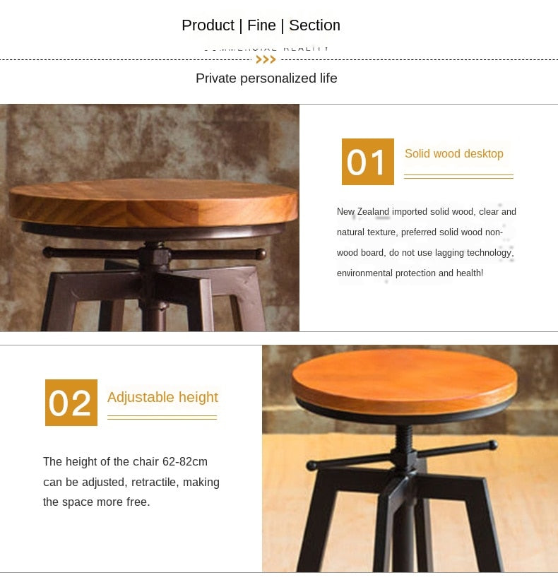 Industrial Iron and Solid Wood Bar Stool