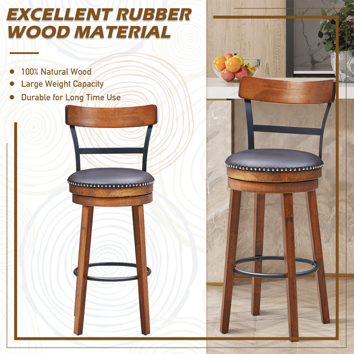 30.5" BarStool Swivel Pub Height Kitchen/Dining/Bar Chair with Rubber Wood Legs