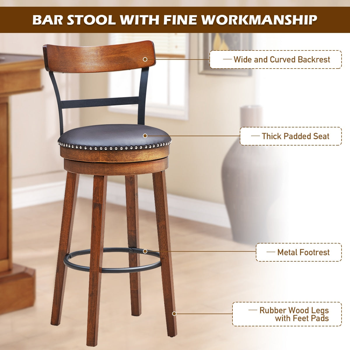 30.5" BarStool Swivel Pub Height Kitchen/Dining/Bar Chair with Rubber Wood Legs