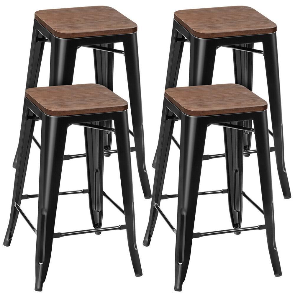 Set of 4 Counter Height Backless Barstool With Wood Seat Stackable