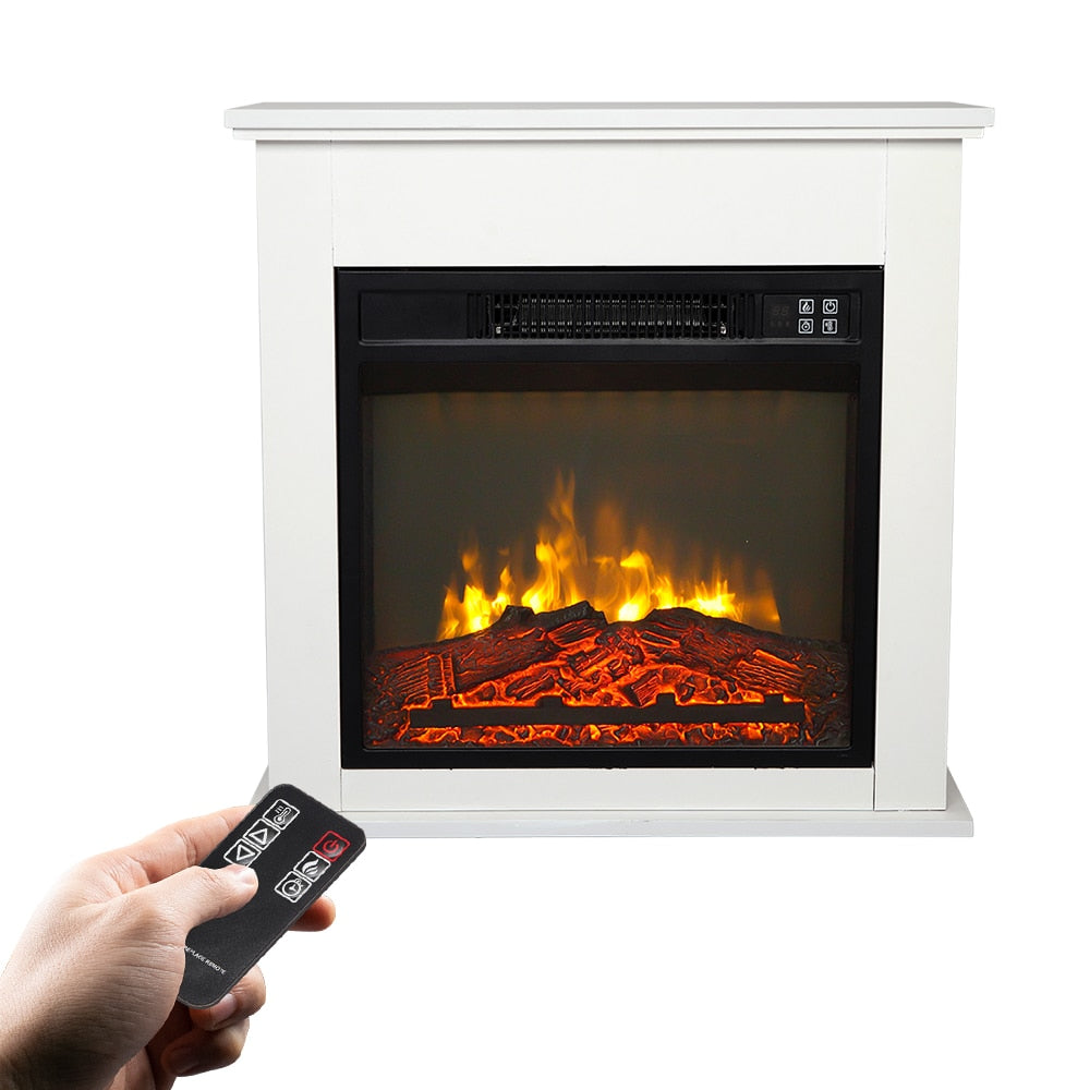 18In Electric Fireplace Insert White Wood Cabinet 1400W Single Color Fake Wood with Small Remote Control