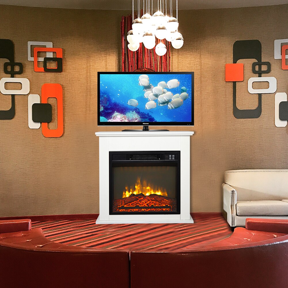 18In Electric Fireplace Insert White Wood Cabinet 1400W Single Color Fake Wood with Small Remote Control