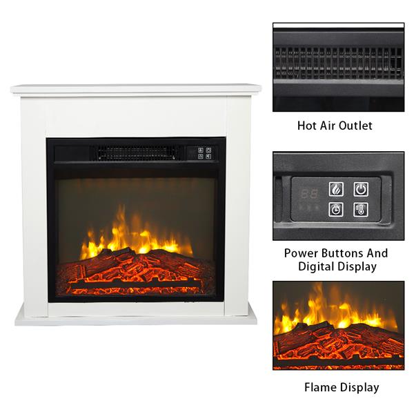 18In Electric Fireplace Insert White Wood Cabinet 1400W Single Color Fake Wood with Small Remote Control