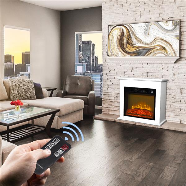 18In Electric Fireplace Insert White Wood Cabinet 1400W Single Color Fake Wood with Small Remote Control