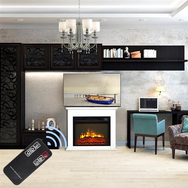 18In Electric Fireplace Insert White Wood Cabinet 1400W Single Color Fake Wood with Small Remote Control