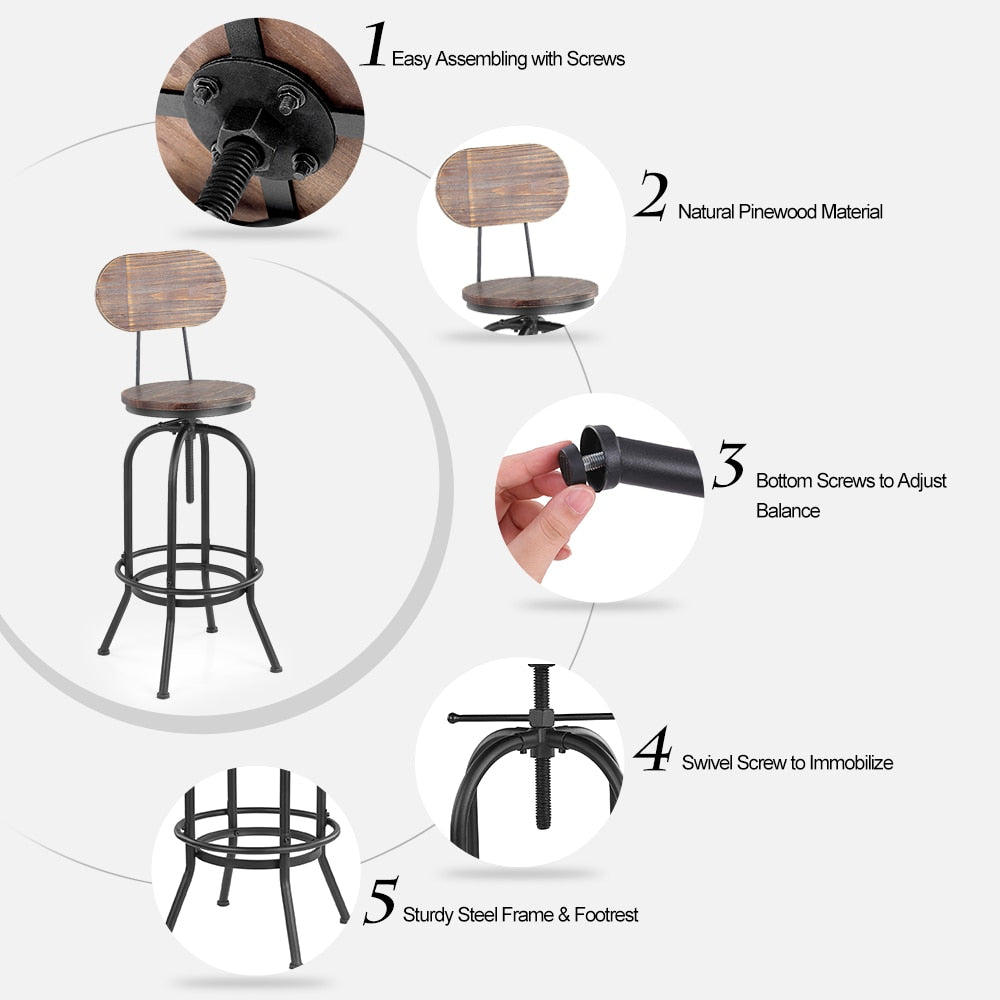 iKayaa Industrial Bar Stools Height Adjustable Swivel Chairs for Kitchen Dining Chair Pinewood Top Metal With Backrest Barstools