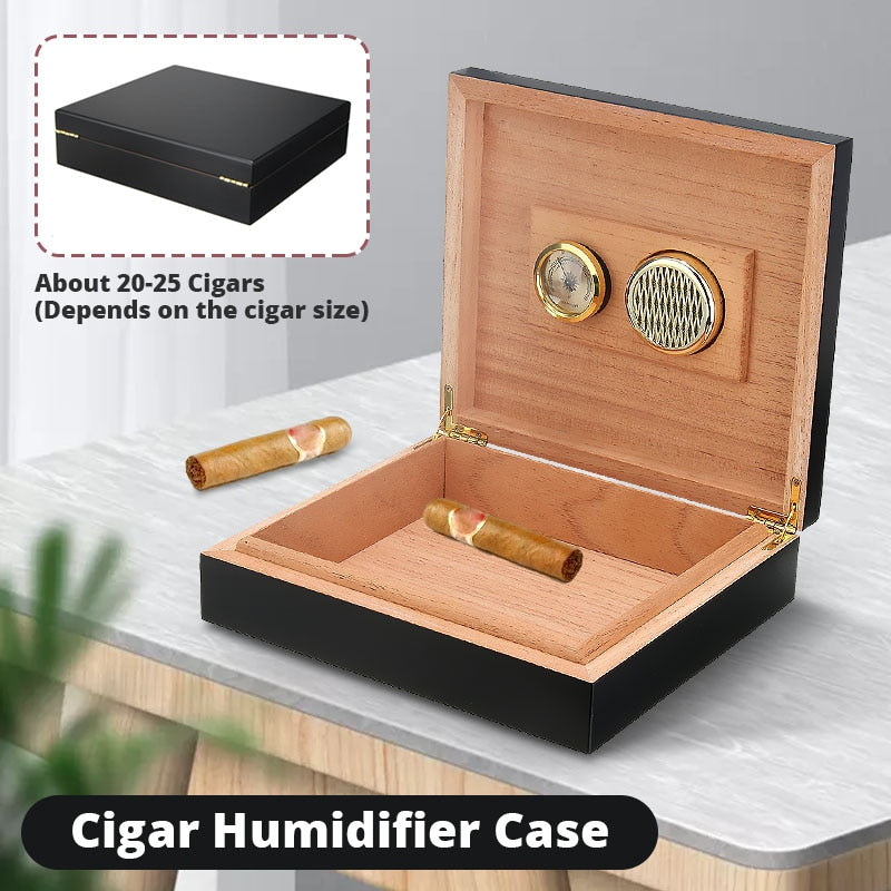 20-25 Count Black Cedar Wood Lined Cigar Humidor With Hygrometer and Humidifier