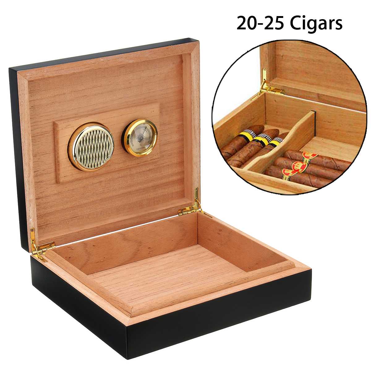 20-25 Count Black Cedar Wood Lined Cigar Humidor With Hygrometer and Humidifier