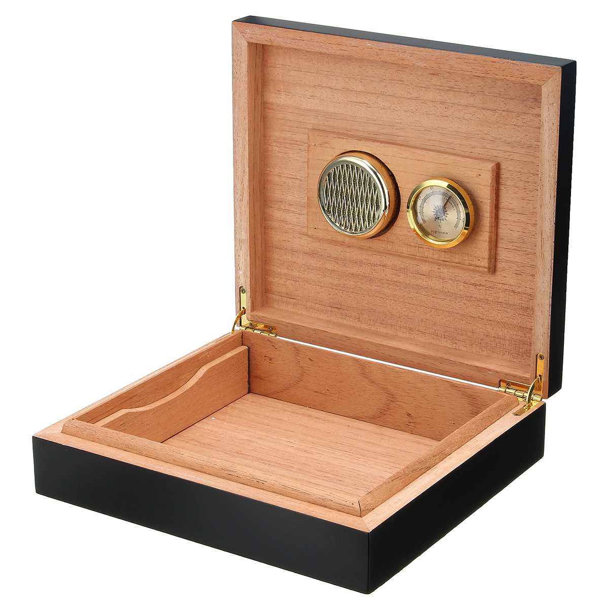 20-25 Count Black Cedar Wood Lined Cigar Humidor With Hygrometer and Humidifier