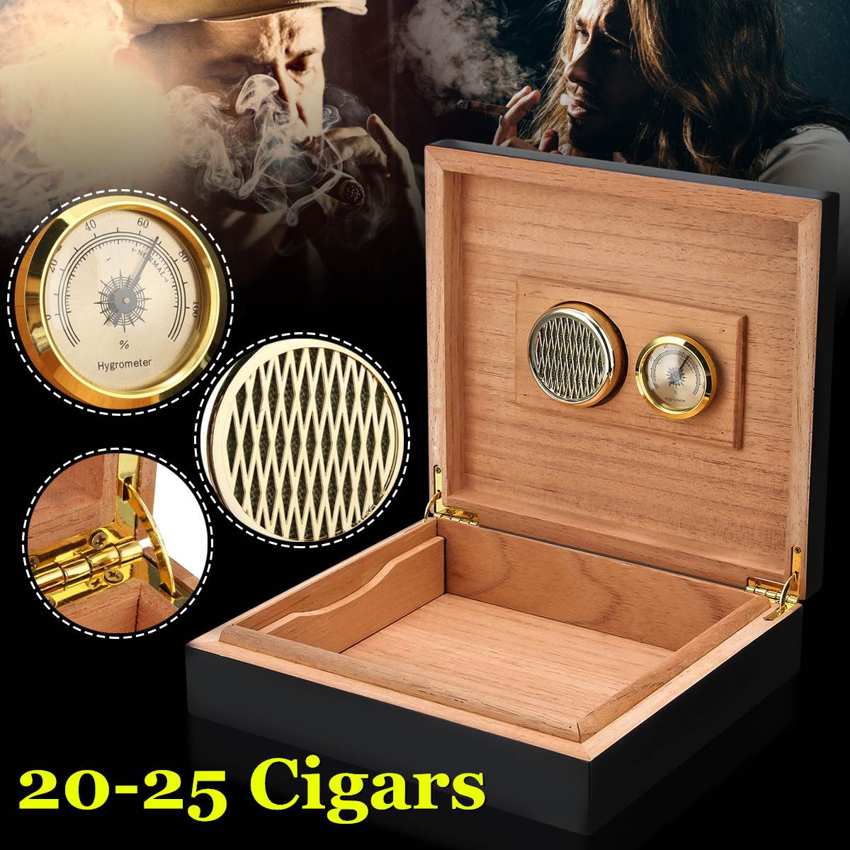 20-25 Count Black Cedar Wood Lined Cigar Humidor With Hygrometer and Humidifier