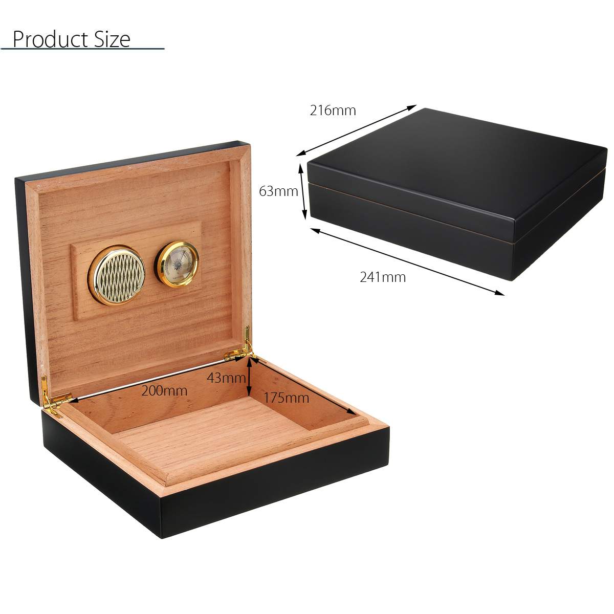 20-25 Count Black Cedar Wood Lined Cigar Humidor With Hygrometer and Humidifier