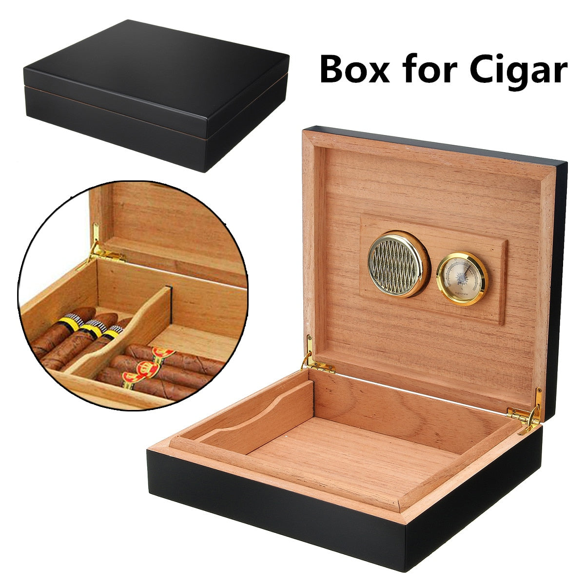 20-25 Count Black Cedar Wood Lined Cigar Humidor With Hygrometer and Humidifier