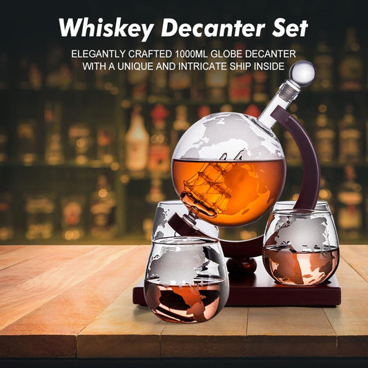 Globe Decanter Set with 4 Glasses Liquor Dispenser with Wood Stand