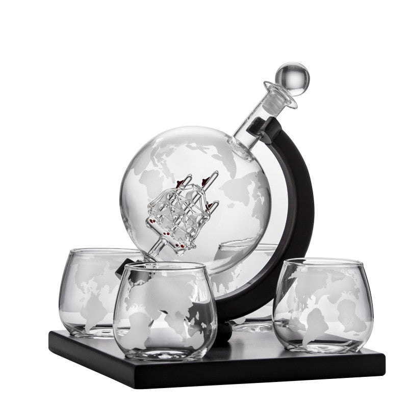 Globe Decanter Set with 4 Glasses Liquor Dispenser with Wood Stand