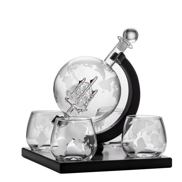 Globe Decanter Set with 4 Glasses Liquor Dispenser with Wood Stand