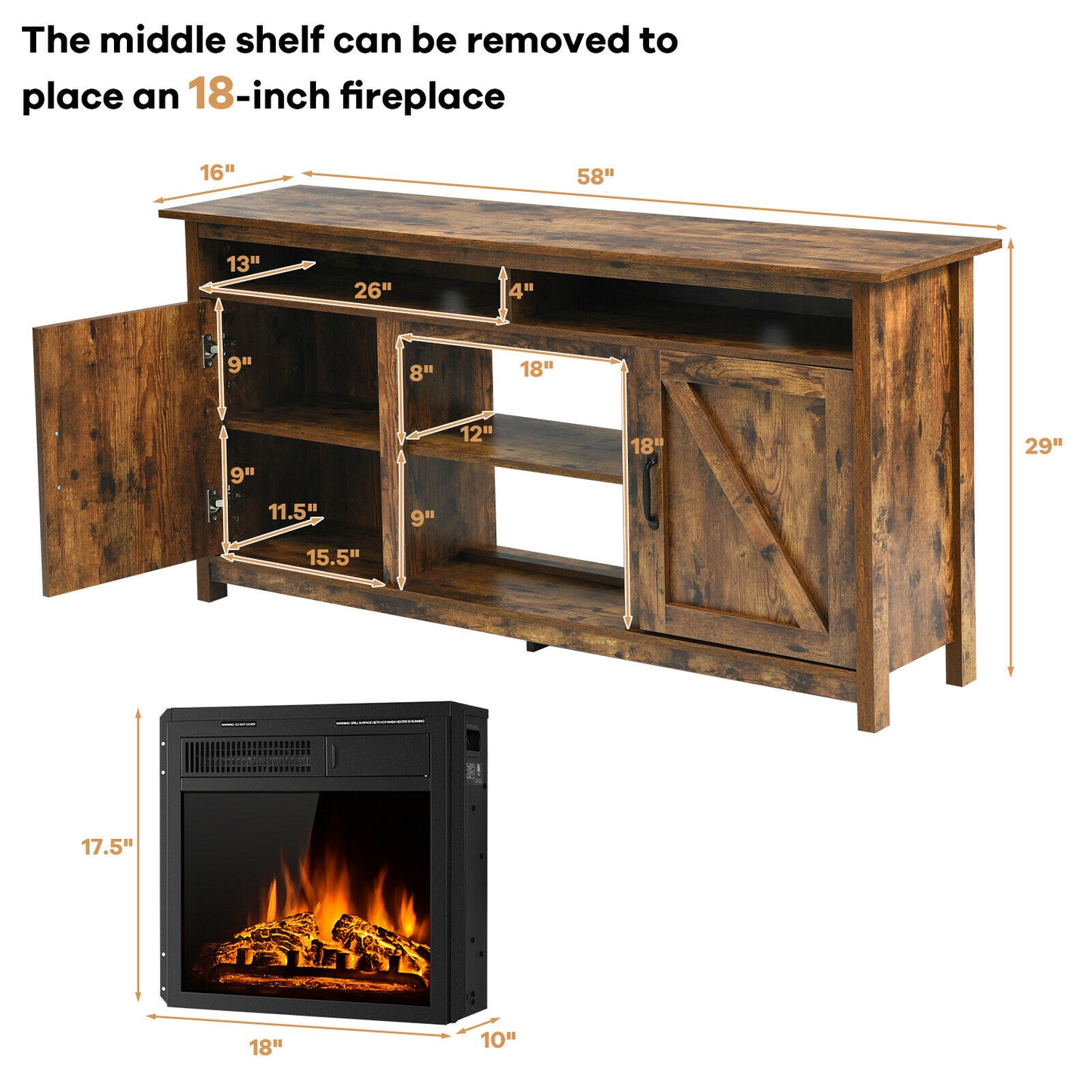 Rustic/Industrial Electric Fireplace TV Stand W/18” 750W/1500W