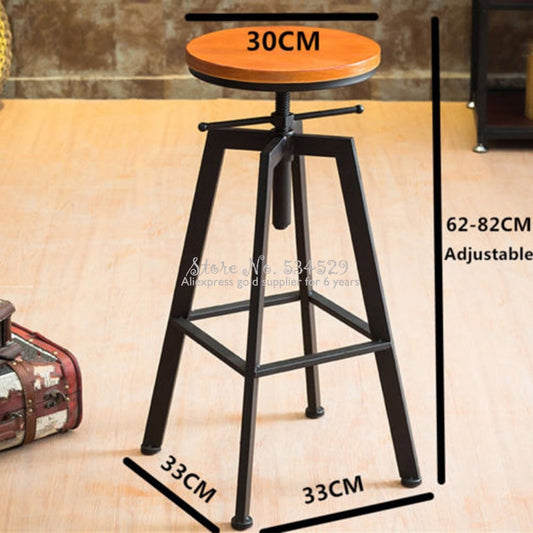 Industrial Iron and Solid Wood Bar Stool