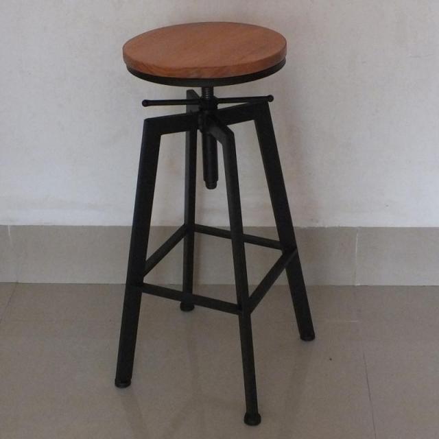 Industrial Iron and Solid Wood Bar Stool