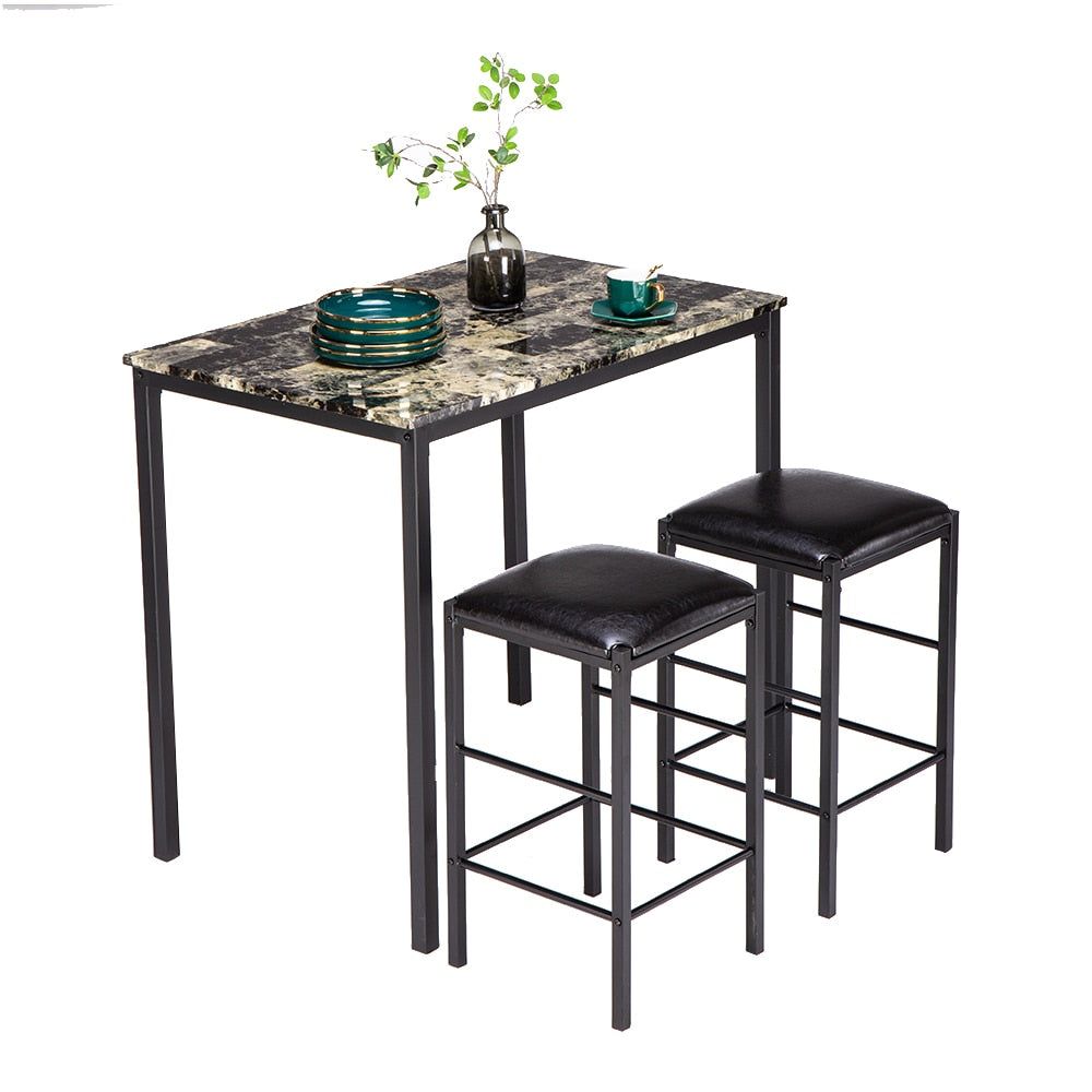 3pcs Marble Top High Dining Table Chair Set 1 Table 2 Stools with Padded Seat