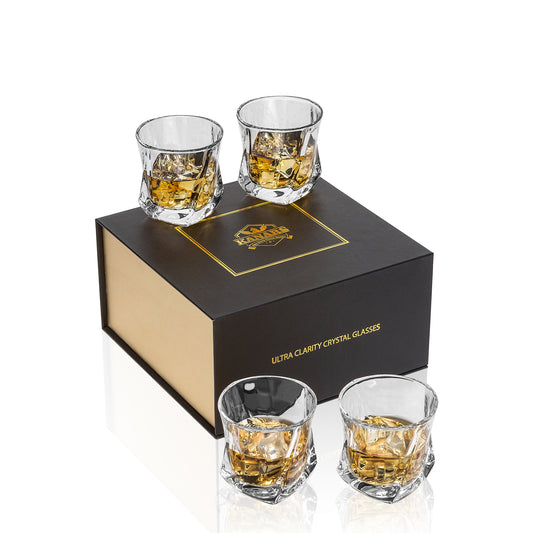 Whiskey Glasses Set of 4 Old Fashioned Twisted Glass Tumbler Cups 7 oz / 210 ml for Scotch, Bourbon, Whisky, In Gift Box