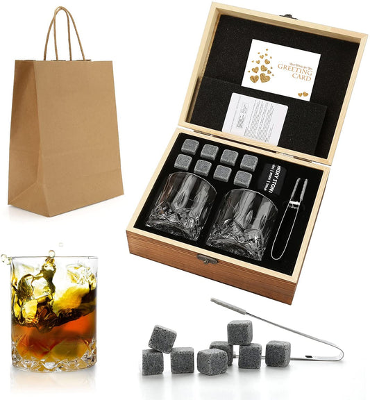 Whiskey Stones & Glasses Set in Wooden Box