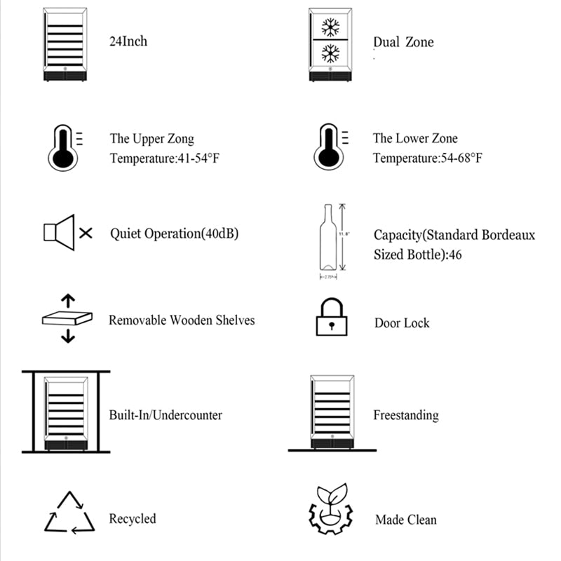Wine Refrigerator 46 Bottles Red & White Wine Dual Zone Safety Lock, LED Light