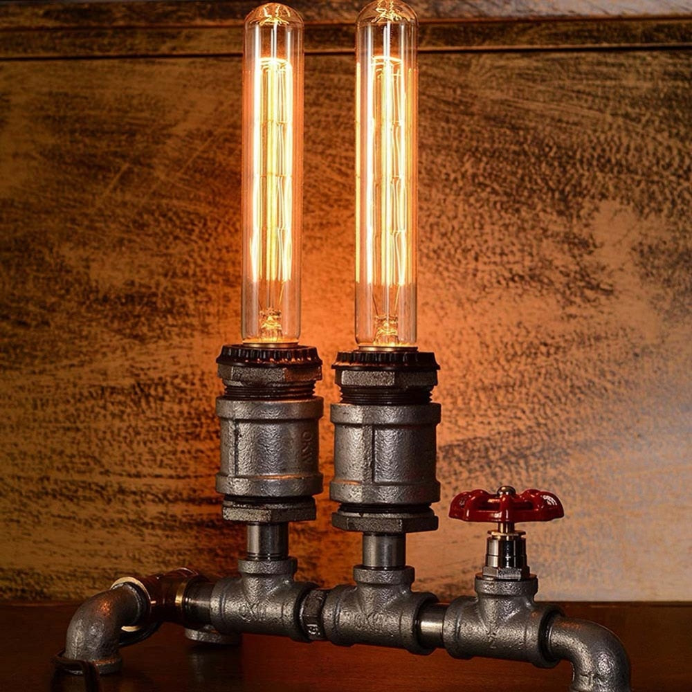 Vintage Industrial Wrought Iron Table Light, Antique Water Pipe Steampunk Metal Living Room Bar Cafe Table Lamp in Rust